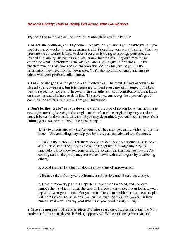 Shari Peace - Peace Talks  Page 1 of 2Beyond Civility: How to ReaTry t