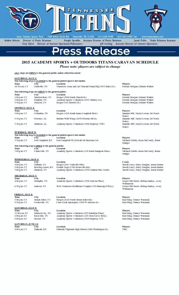 2015 ACADEMY SPORTS + OUTDOORS TITANS CARAVAN SCHEDULE ALL stops are O