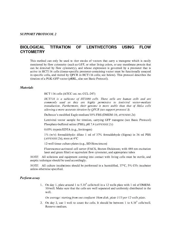 SUPPORT PROTOCOL 2 BIOLOGICAL TITRATION OF LENTIVECTORS USING FLOW 
..