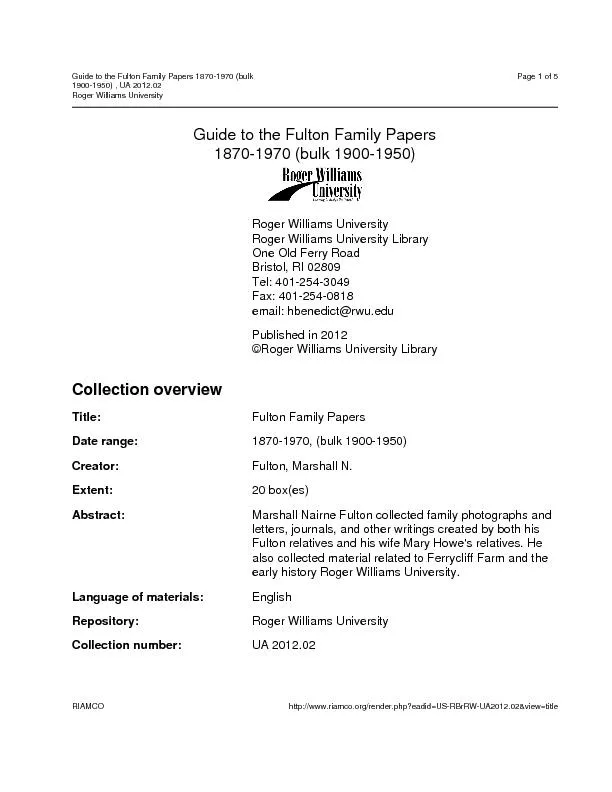 Guide to the Fulton Family Papers 1870-1970 (bulk1900-1950) , UA 2012.
