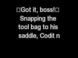“Got it, boss!” Snapping the tool bag to his saddle, Codit n