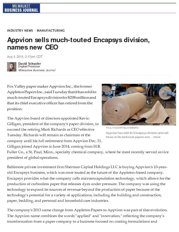INDUSTRY NEWS  MANUFACTURINGAppvion sells much-touted Encapsys divisio