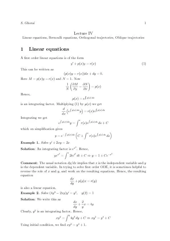 S.Ghorai22Bernoulli'sequationThisisoftheformy0+p(x)y=r(x)y;(2)wherei