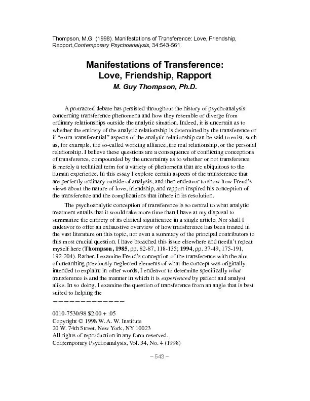 Thompson, M.G. (1998). Manifestations of Transference: Love, Friendshi