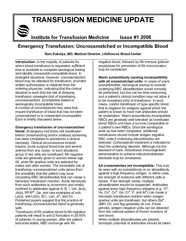 TRANSFUSION MEDICINE UPDATE