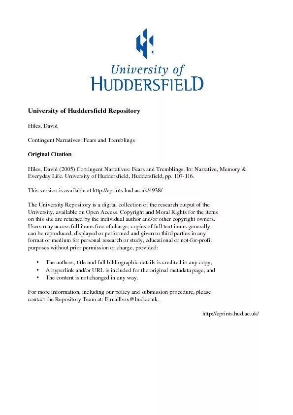 University of Huddersfield RepositoryHiles, DavidContingent Narratives