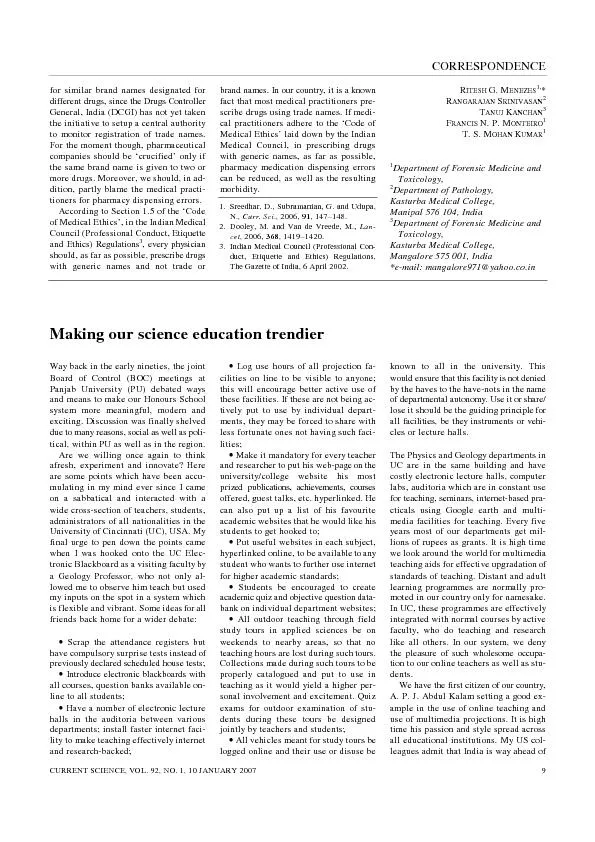 CORRESPONDENCE CURRENT SCIENCE, VOL. 92, NO. 1, 10 JANUARY 2007