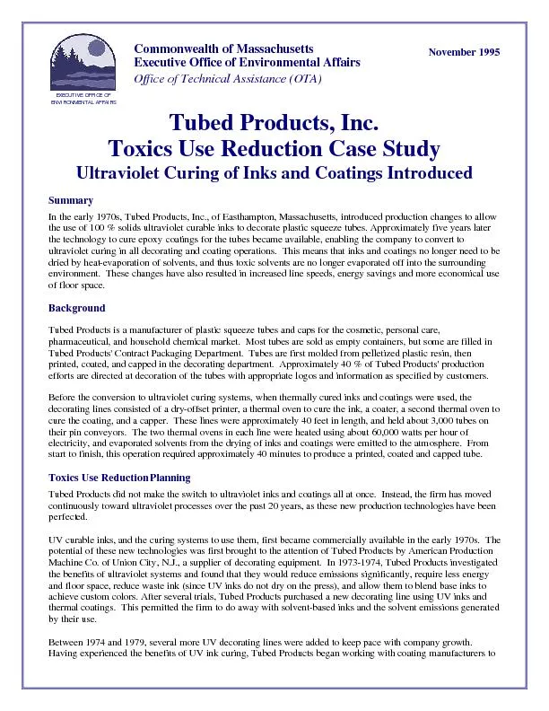 Tubed Products, Inc. Toxics Use Reduction Case Study Ultraviolet Curin