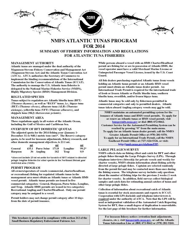 SUMMARY OF FISHERY INFORMATION AND REGULATIONS  FOR ATLANTIC TUNA FISH