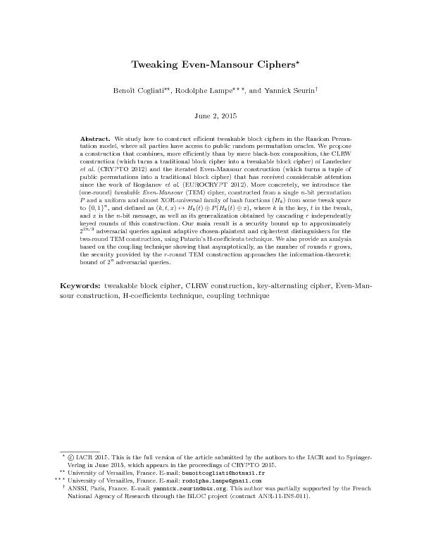 1IntroductionTweakableBlockCiphers.Tweakableblockciphers(TBCsforshort)