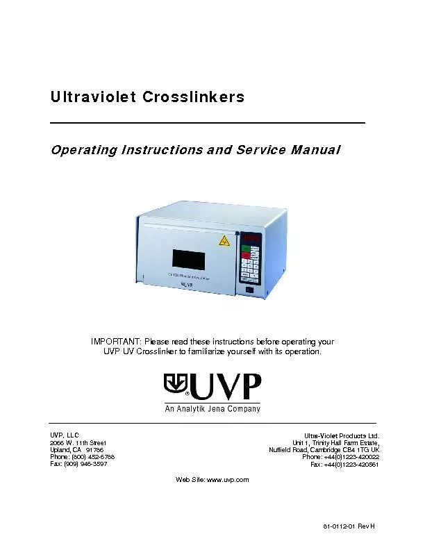 Ultraviolet CrosslinkersOperating Instructionsand Service Manual
...