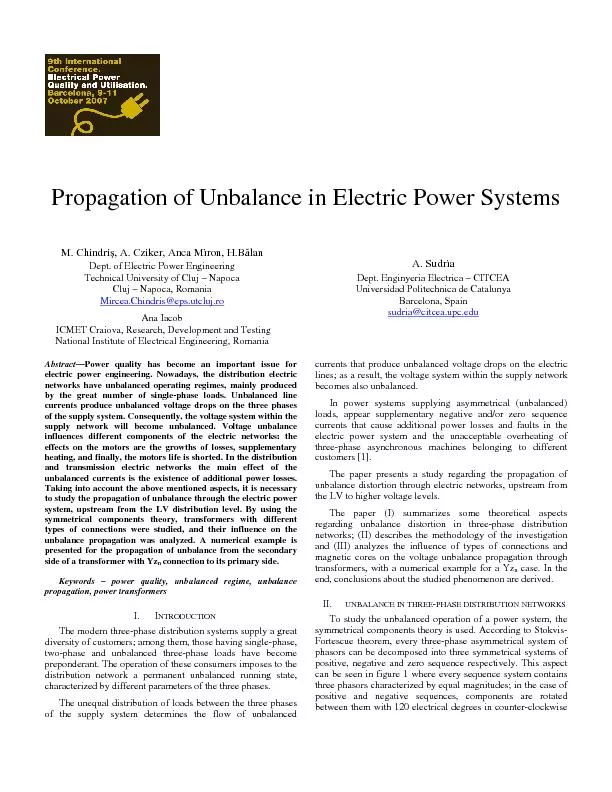 Propagation of Unbalance in Electric Power Systems M. Chindri, A. Czik