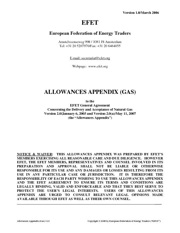 Version 1.0/March 2006 Allowances Appendix (Gas) v1.0 Copyright 