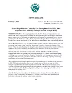 NEWS RELEASE February   Contact Eric Wesselman  Ron Stork  x House Republicans Cynically
