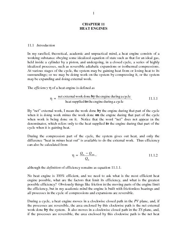 CHAPTER 11 HEAT ENGINES11.1   Introduction In my rarefied, theoretical