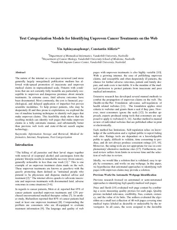 Text Categorization Models for Identifying Unproven Cancer Treatments