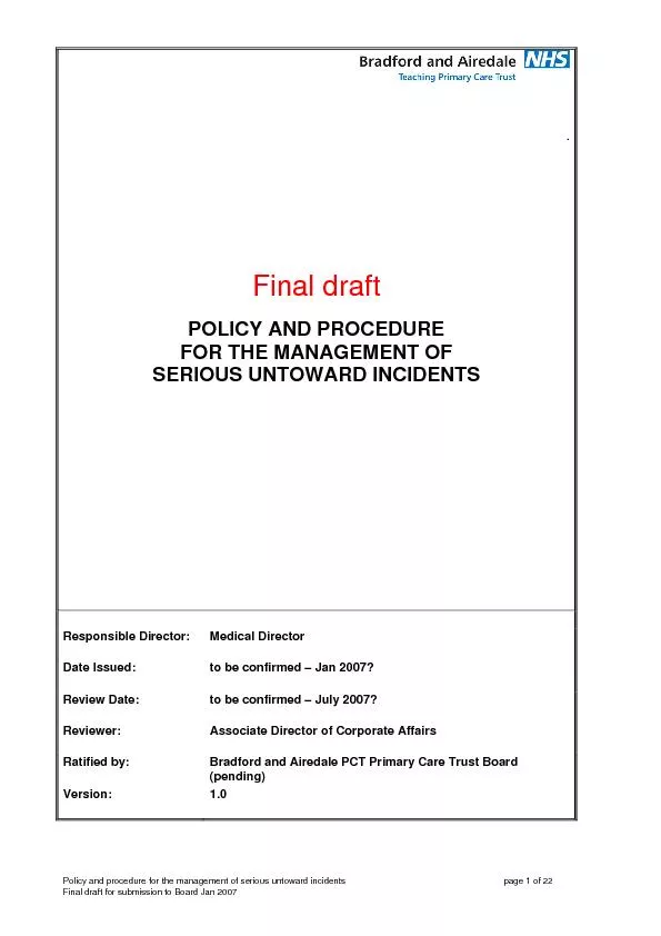 .    Final draft  POLICY AND PROCEDURE FOR THE MANAGEMENT OF SERIOUS U