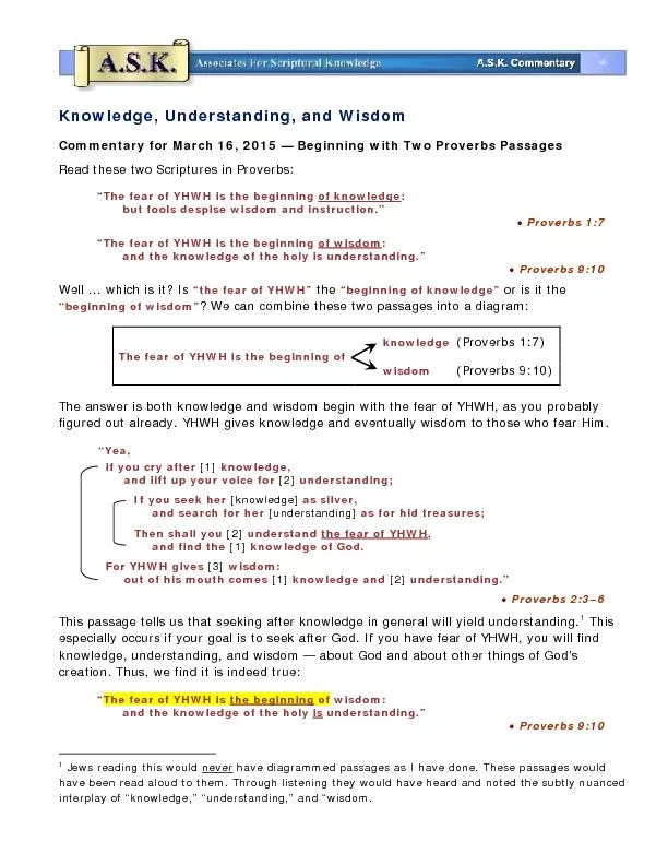 Knowledge, Understanding, and WisdomommentaryforMarch 16, 201Beginning