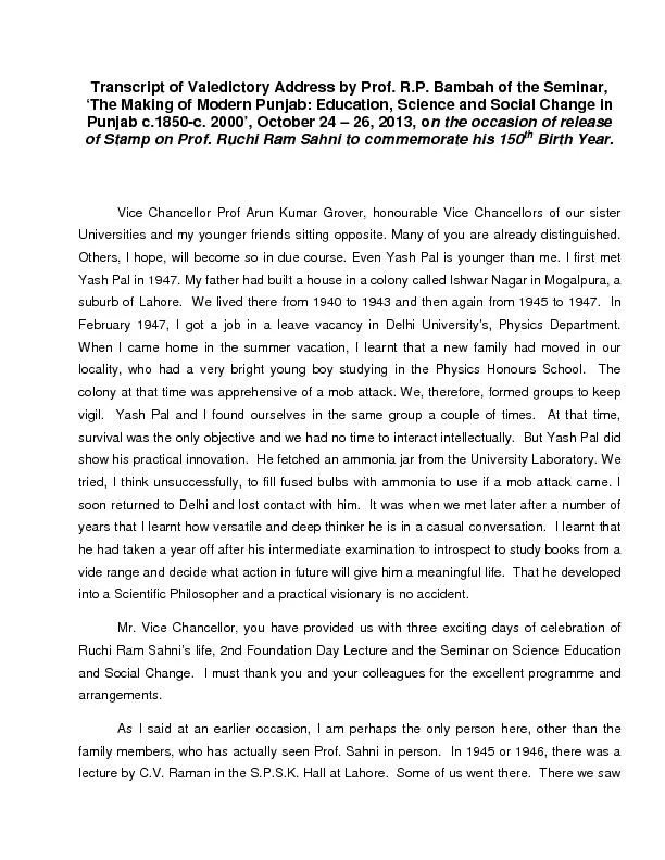 Transcript of Valedictory Address by Prof. R.P. Bambah of the Seminar,