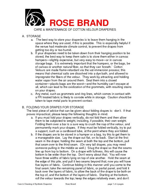 Care & Cleaning of Synthetic Draperies Rose Brand  page 1 of 4 pages C