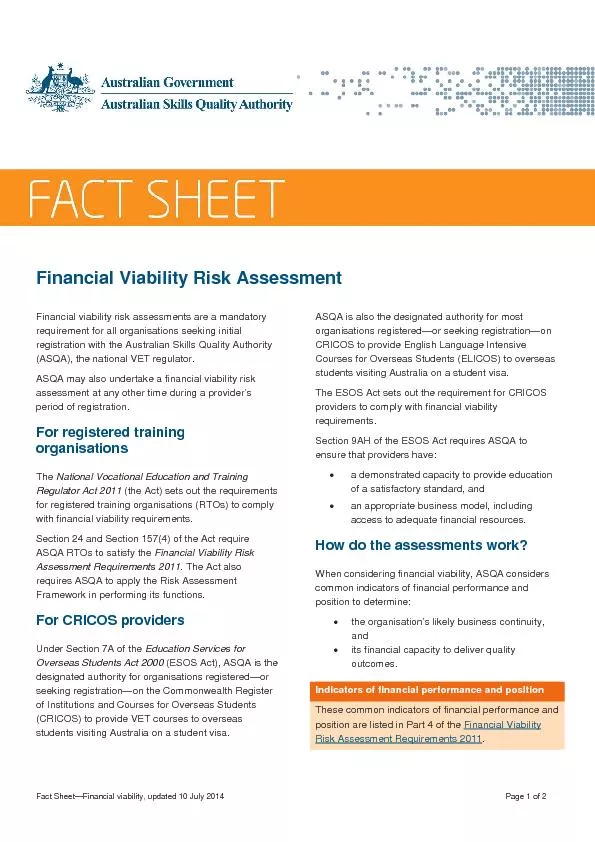 Fact SheetFinancial viability, updated 10 July 2014Page of Financial
