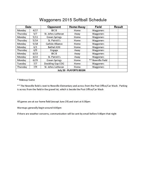 Waggoners 2015 Softball Schedule