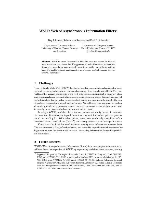 WAIF:WebofAsynchronousInformationFilters?DagJohansen,RobbertvanRenesse