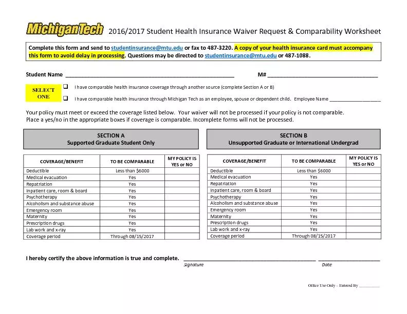 2016/2017Student Health Insurance Waiver Request & Comparability Works