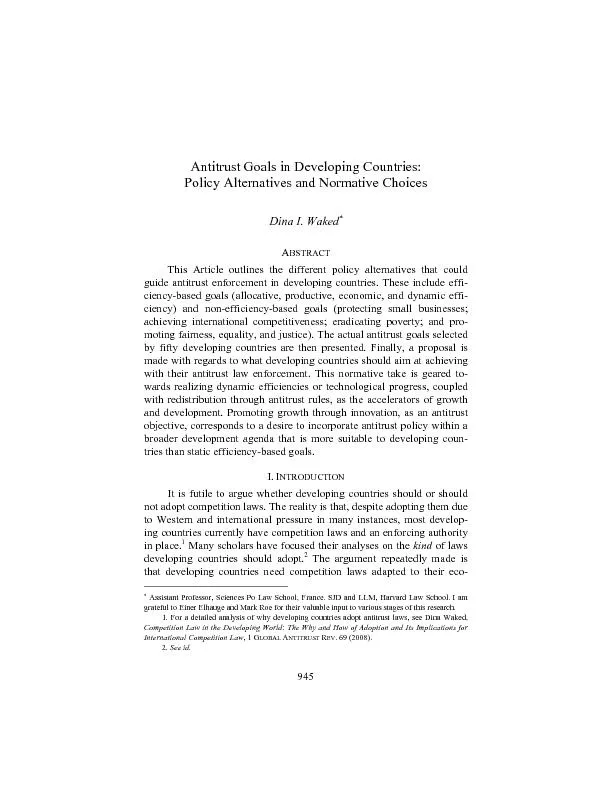 Antitrust Goals in Developing Countries:  Policy Alternatives and Norm