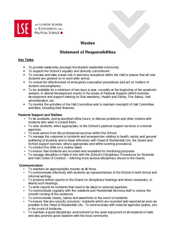 Warden  Statement of Responsibilities Key Tasks