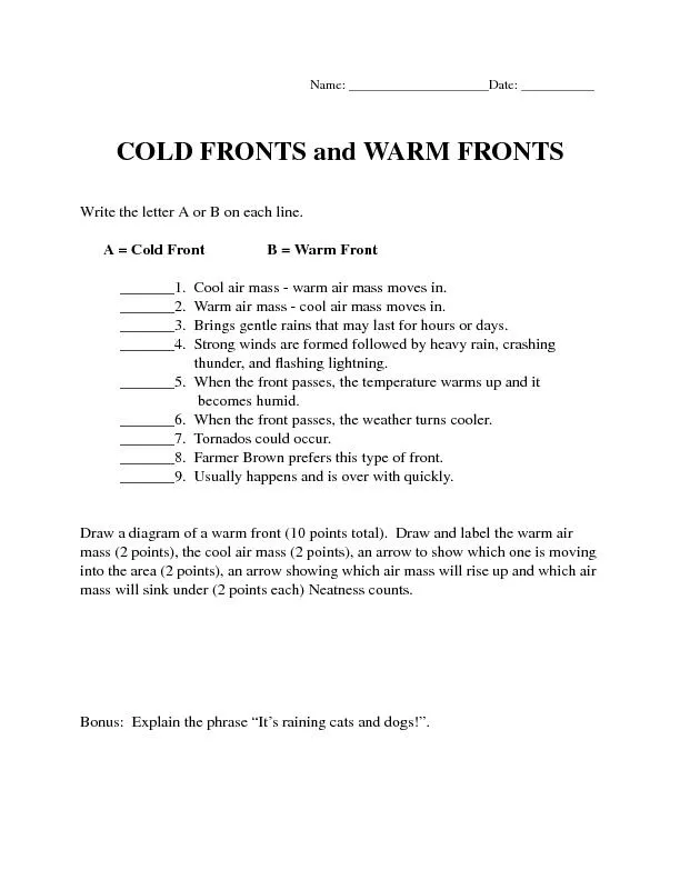 COLD FRONTS and WARM FRONTS      A = Cold Front                B = War