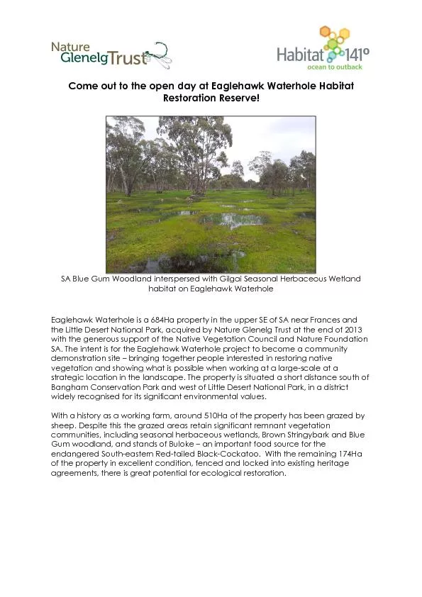 Come out to the open day at Eaglehawk Waterhole Habitat