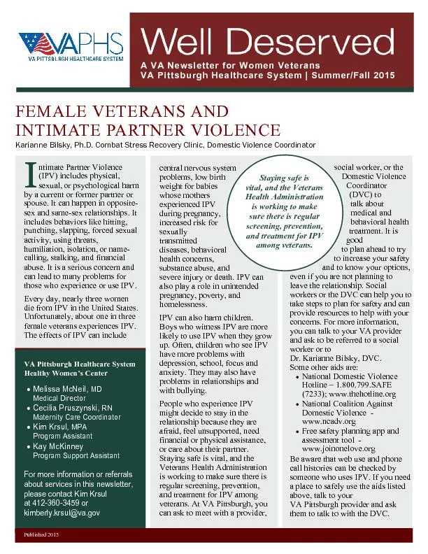 A VA Newsletter for Women Veterans VA Pittsburgh Healthcare System 
..