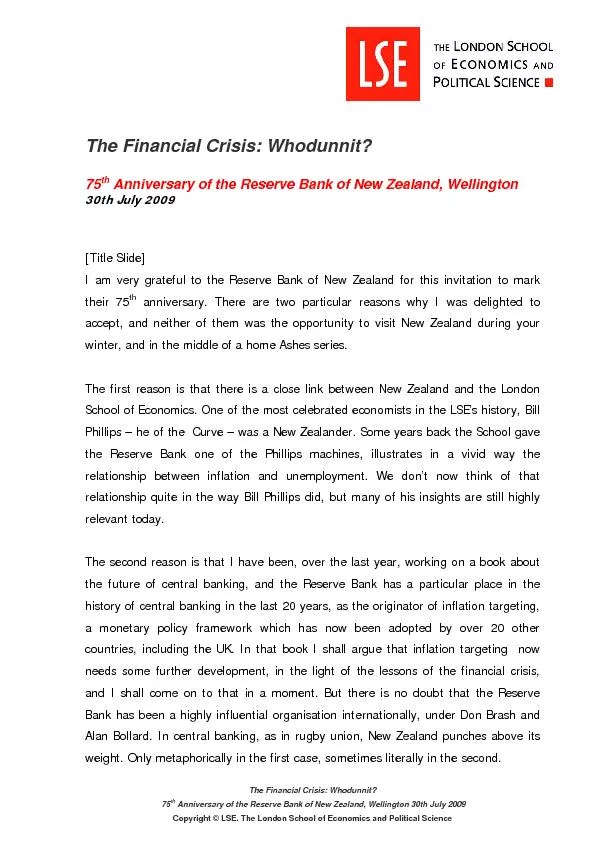 The Financial Crisis: Whodunnit?  Anniversary of the Reserve Bank of N