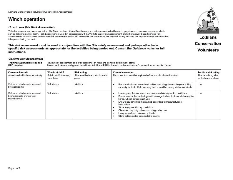 Lothians Conservation Volunteers Generic Risk Assessments Page 1 of 2