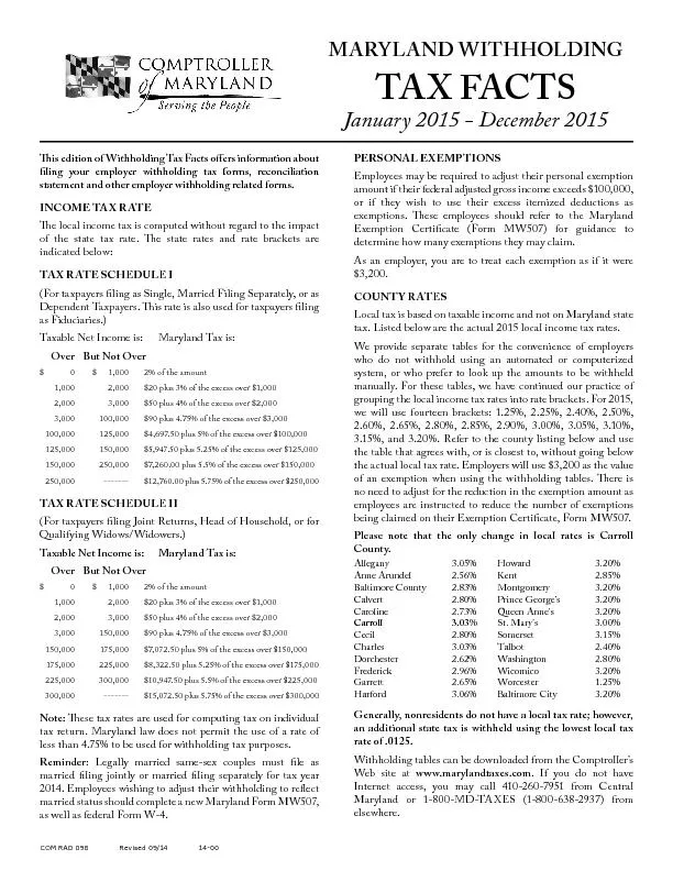 MARYLAND WITHHOLDINGTAX FACTSJanuary 2015 - December 2015