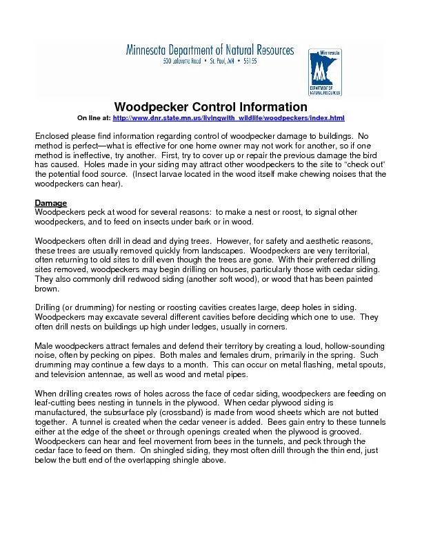 Woodpecker Control Information On line at: