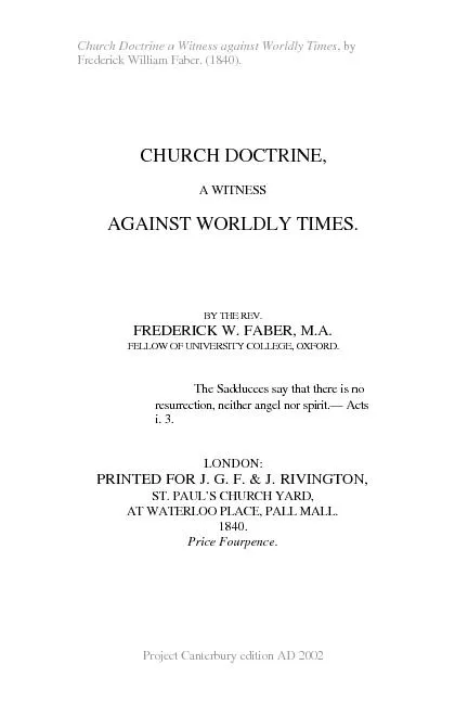 Church Doctrine a Witness against Worldly Times, by Frederick William