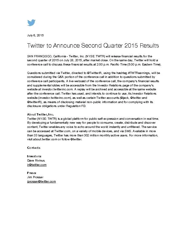 TwitterQuarter 2015 Results  SAN FRANCISCO,