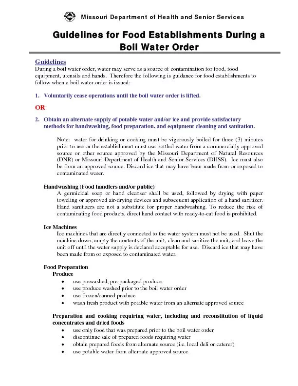Guidelines for Food Establishments During a  Boil Water Order