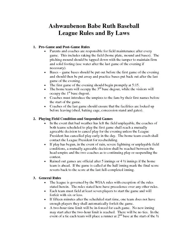 Ashwaubenon Babe Ruth Baseball League Rules and By Laws 1.Pre-Game and