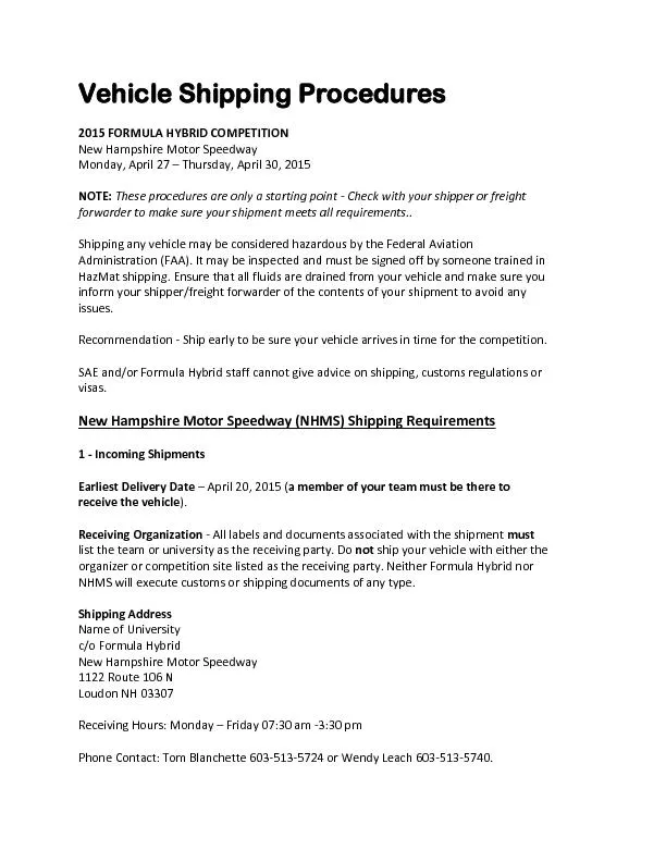 Vehicle Shipping Procedures