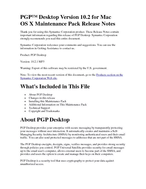 PGP™ Desktop Version 10.2 for Mac OS X Maintenance Pack Release N