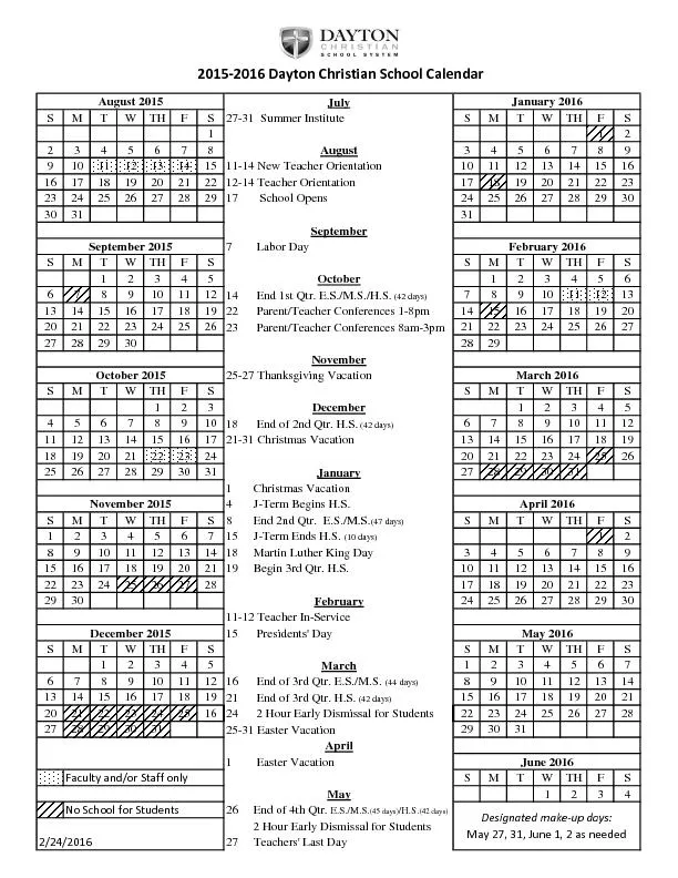 2015-2016 Dayton Christian School Calendar