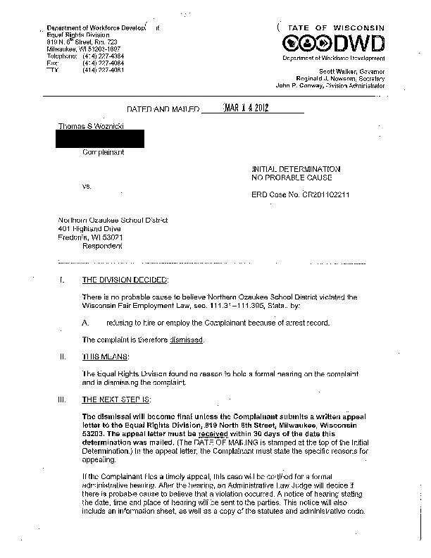 Thomas Woznicki Discrimination Complaint (Dismissal, March 2012)