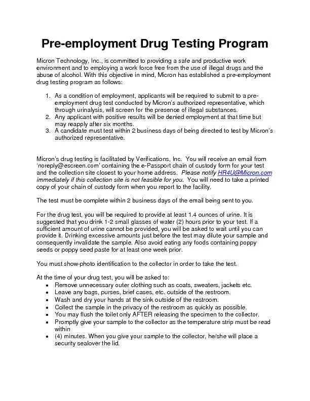 Preemployment Drug Testing ProgramMicron Technology, Inc., is committe