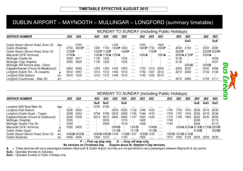 DUBLIN AIRPORT - MAYNOOTH - MULLINGAR - LONGFORD (summary timetable)