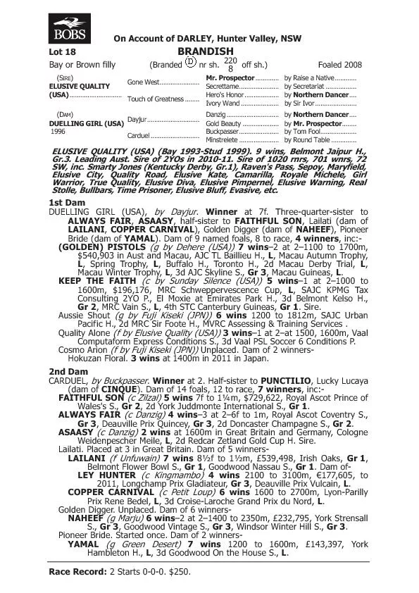 On Account of DARLEY, Hunter Valley, NSW Lot 18 BRANDISHBay or Brown f