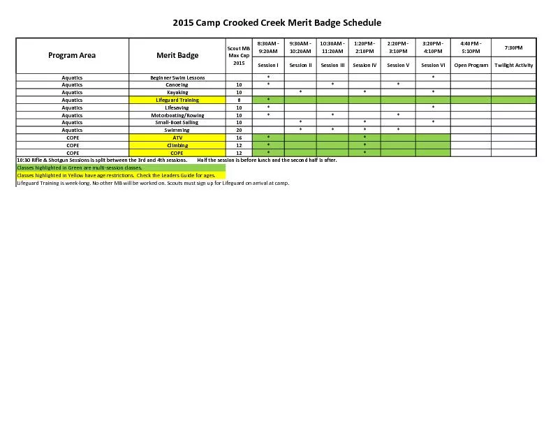 2015 Camp Crooked Creek Merit Badge Schedule
