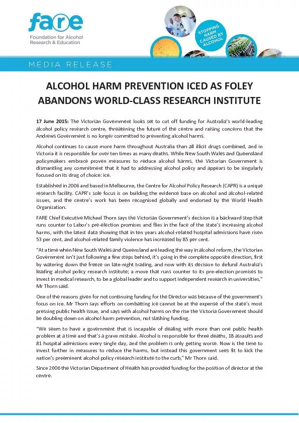 ALCOHOL HARM PREVENTION ICED AS FOLEY ABANDONS WORLD-CLASS RESEARCH IN